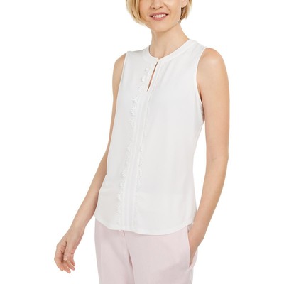 Kasper Womens White Sleeveless Scalloped Tank Pullover Top Blouse S BHFO 1125