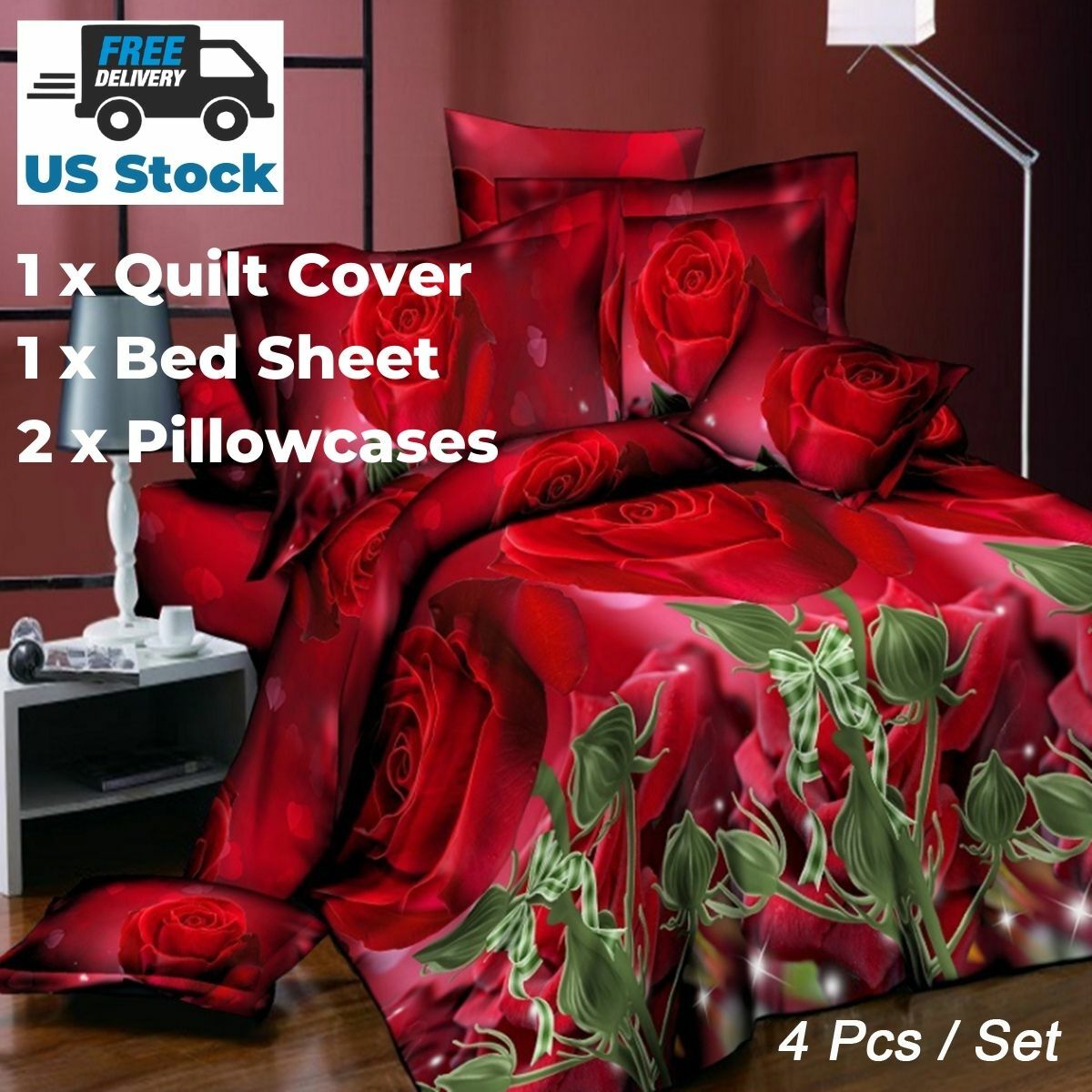 4pcs Red Roses Bedding Set Quilt Pillow Case Bed Sheet Queen Duvet Cover Ebay