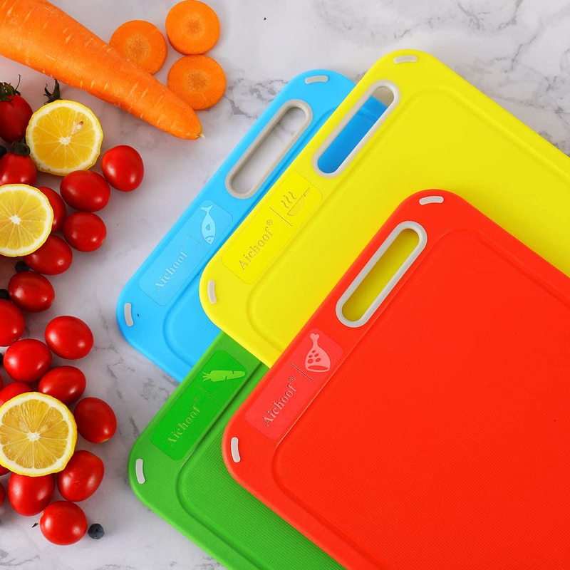 Plastic Cutting Board, Set of 4 with Storage Stand, Color Box Packed, Bpa-Free,