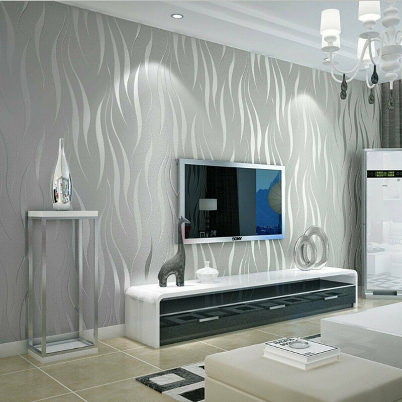 Modern Sliver Grey Stripes Embossed Non-woven Flocking Wallpaper TVBackground UK