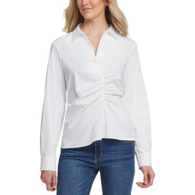 

DKNY Женская белая блузка с v-образным вырезом и рюшами, рубашка  BHFO 6490, Белый