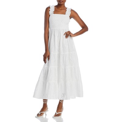 Lucy Paris Womens White Eyelet Smocked Square Neck Midi Dress XS BHFO 0952