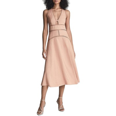 Женское миди-платье Reiss из льняной смеси Leena Pink с кружевной вставкой и V-образным вырезом 2 BHFO 7894
