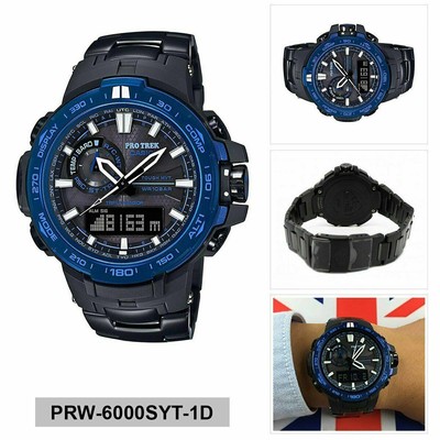 Pre-owned Casio Pro Trek Prw-6000syt-1d Triple Sensor Black Titanium Alarm Compass Watch