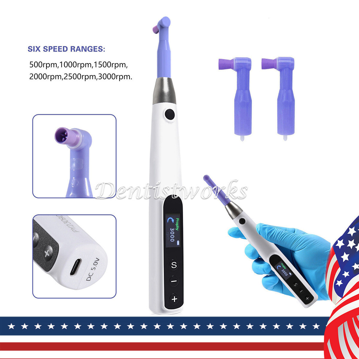Dental Wireless Electric Hygiene Prophy Handpiece +2Pcs Universal Prophy Angles