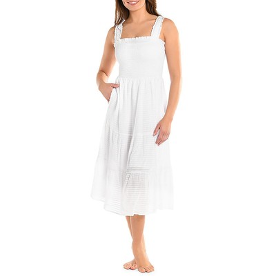 La Blanca Womens White Below Knee Summer Smocked Midi Dress L BHFO 9590