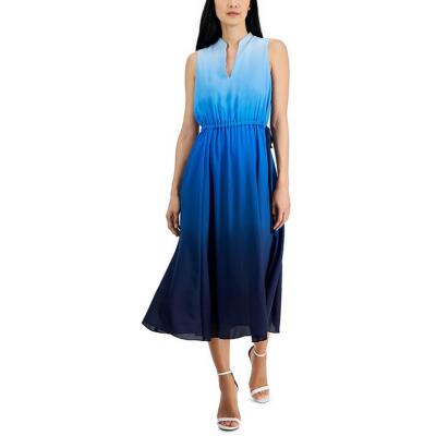 Anne Klein Womens Blue Midi Ombre Split Neck Shirtdress M BHFO 3300
