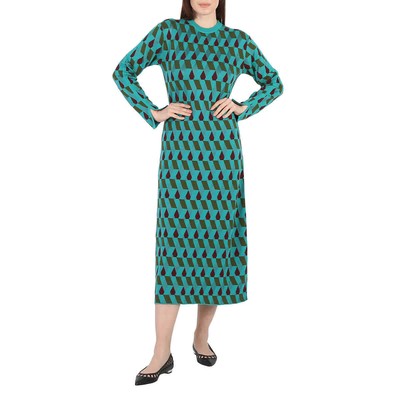 Pre-owned La Doublej La Double J Ladies Azzurro/militare/bordeaux Jacquard Long Sleeve Maxi Dress, In Red