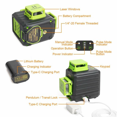 3D Cross Line Self leveling Laser Level Green Beam with Type-C Charging Port