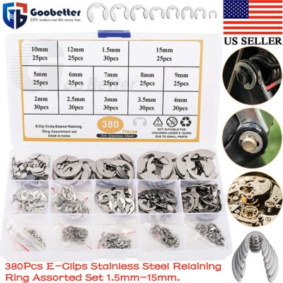 380Pcs 1.5-15mm E-Clip Circlip Stainless Steel Retaining Ring Set Shaft Fastener