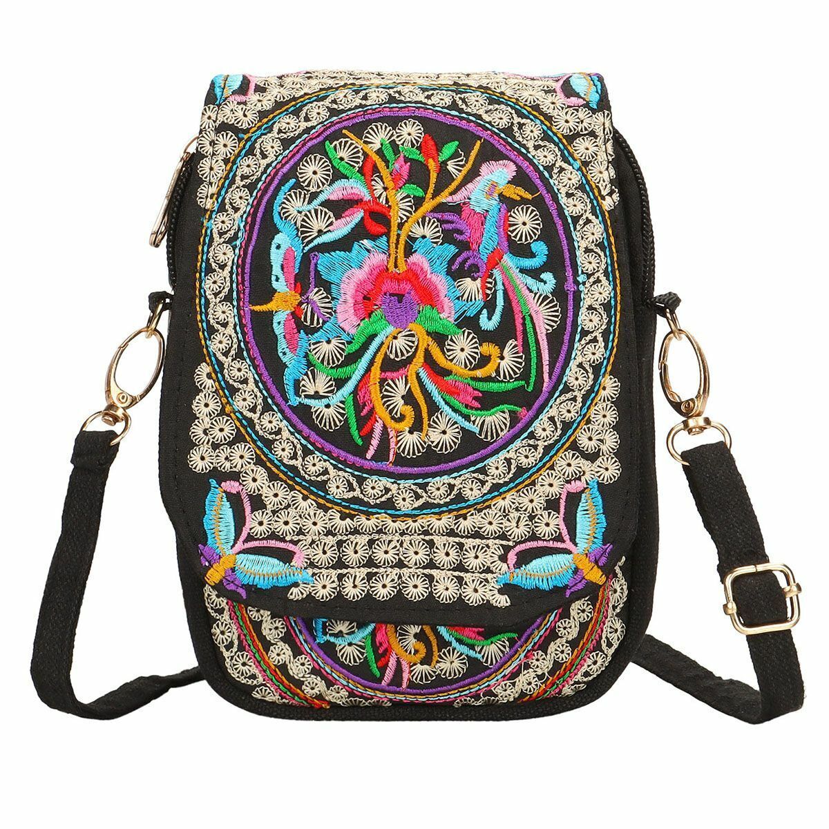 Retro Floral Embroidered Crossbody Bag Women Shoulder Bag Travel Pouch Zip Bag