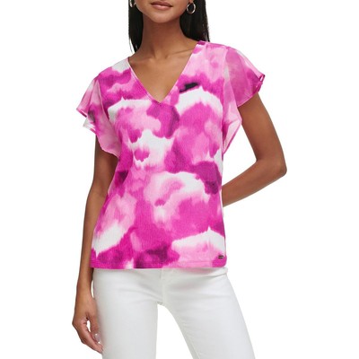 Женская розовая блузка из текстурированного шифона с развевающимися рукавами Calvin Klein L BHFO 4350