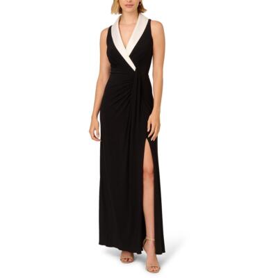 Adrianna Papell Womens Black-Ivory Shawl Collar Maxi Dress Gown 12 BHFO 7160