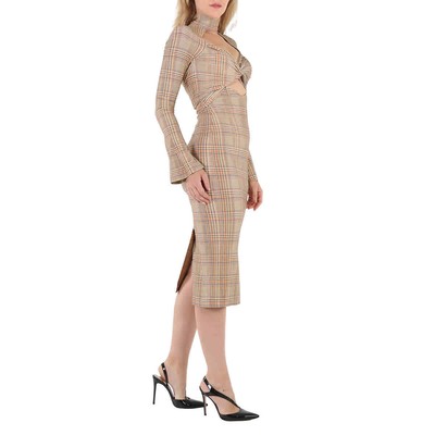 Pre-owned Burberry Ladies Dark Honey Cut-out Checked Midi Dress In Brown