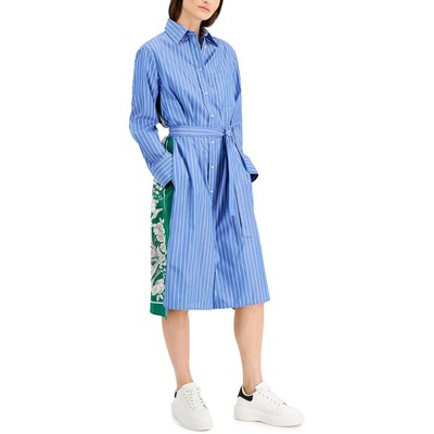 

Женское синее шелковое платье-рубашка до колена с длинными рукавами Weekend MaxMara  BHFO 6146, Light blue