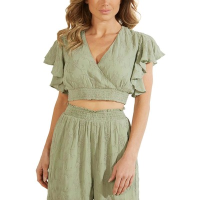 

Укороченный топ Guess Womens Dexie Green Faux с запахом и присборенной блузкой  BHFO 6727, Light matcha multi