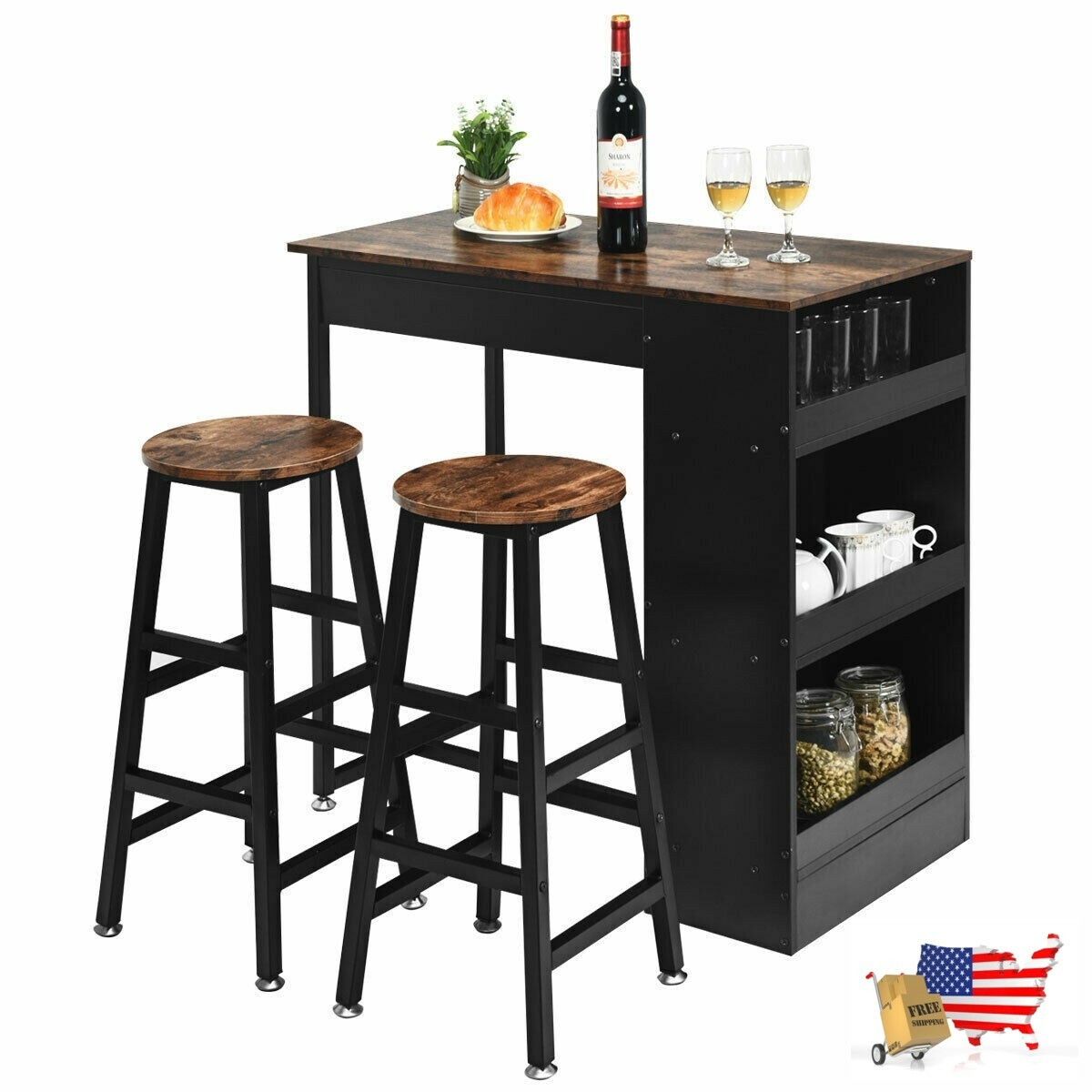 3 Pieces Bar Table Set with Storage | eBay
