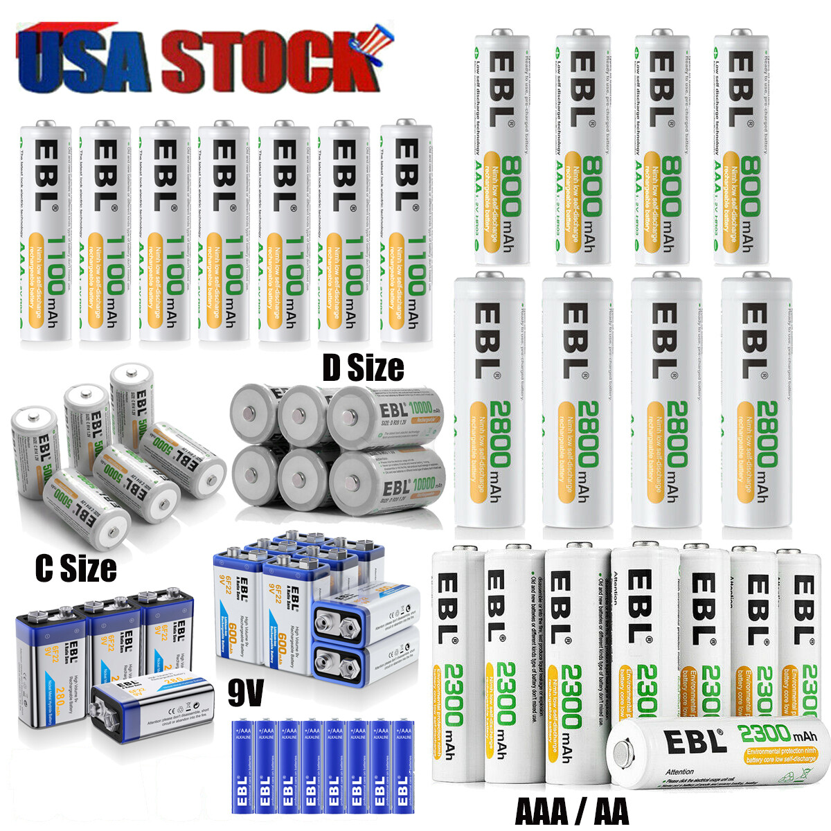 EBL 1.2V AA AAA 6F22 9V Rechargeable Batteries Ni-MH / Li-ion Battery Lot