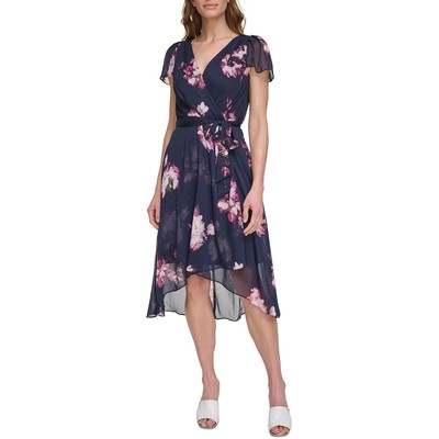 Женское темно-синее платье миди из крепа с цветочным принтом DKNY Petites 4P BHFO 7241