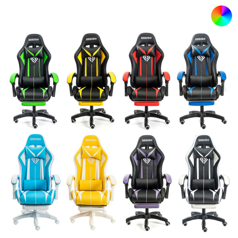 Rgb Led Gaming Chair Computer Racing Swivel Seat Office Chair W/ Lumbar Footrest