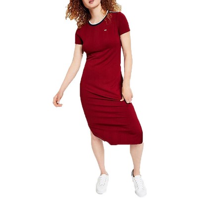 Женская красная рубашка в рубчик с круглым вырезом и коротким рукавом Tommy Jeans XS BHFO 7042