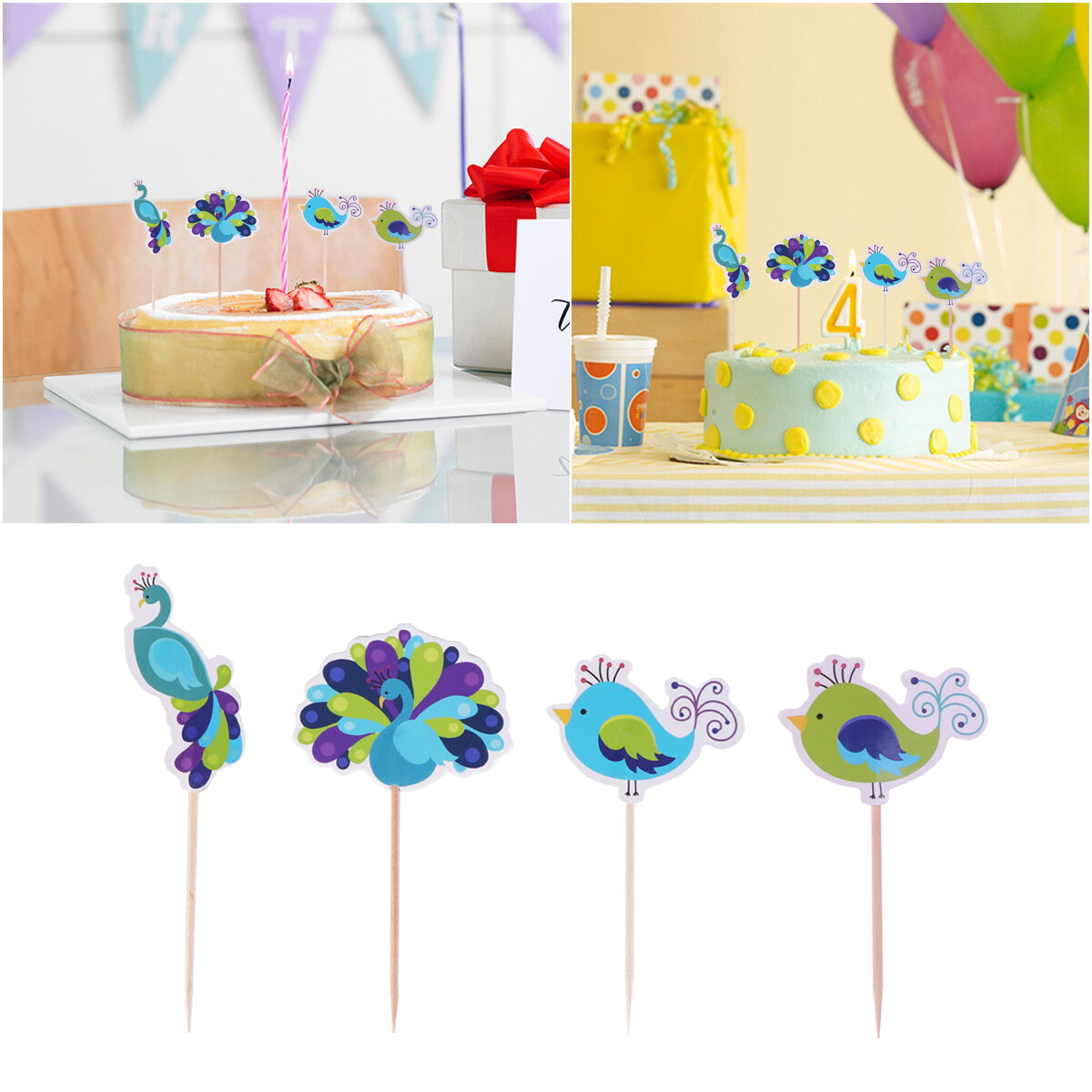 24pcs Peacock Theme Cartoon Picks Cake Stickers Birthday For