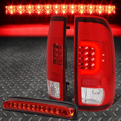 FOR 08-16 FORD SUPER DUTY PAIR RED 3D LED C-BAR TAIL LIGHT+3RD THIRD BRAKE LAMP
