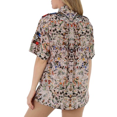 Pre-owned Burberry Badge Appliques Iris Floral-print Silk Crepe De Chine Oversized Shirt, In Beige