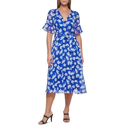 

DKNY Женское синее платье с запахом и рюшами до середины икры с v-образным вырезом  BHFO 9053, Синий