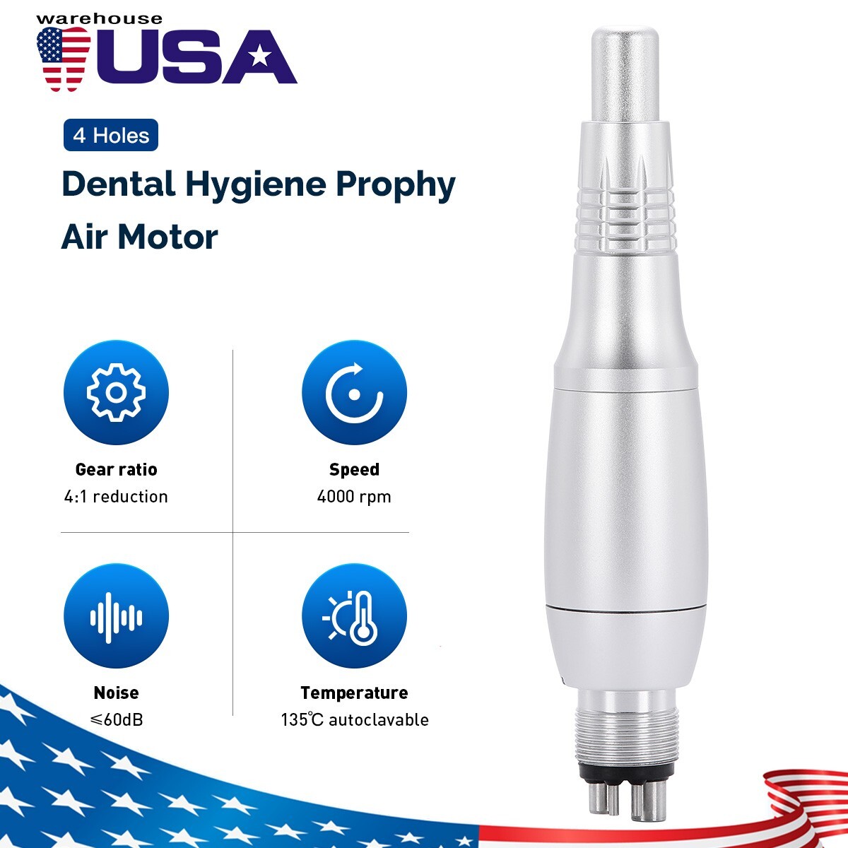 360° Swivel AZDENT Dental Hygiene Prophy Handpiece Air Motor 4Hole 4:1 Nose Cone