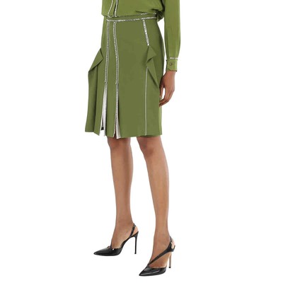 Pre-owned Burberry Ladies Cedar Green Crystal Detail Panelled Wool-crepe A-line Skirt,