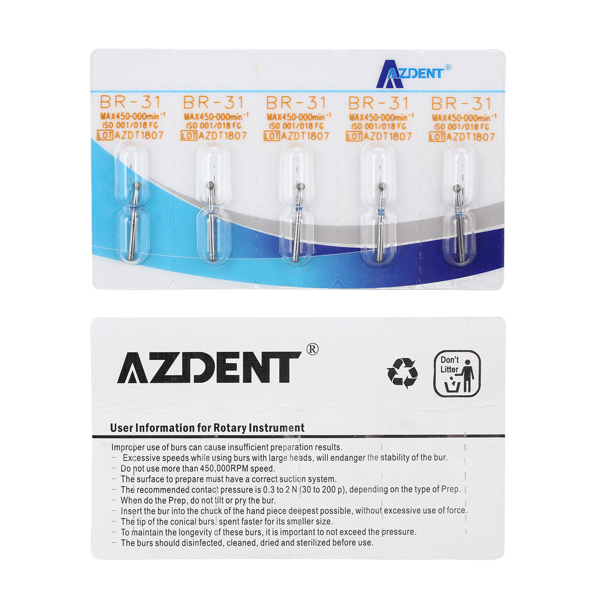 100/200pc AZDENT Dental Diamond Burs High Speed Handpiece Friction Grip 1.6mm