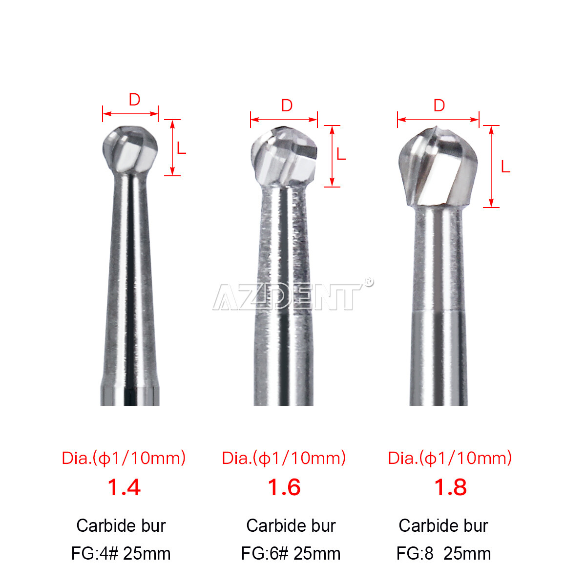 AZDENT Dental FG Tungsten Carbide Burs Dills Round Type For High Speed Handpiece