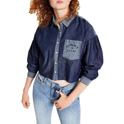 Женский двухцветный топ из ткани Шамбре на пуговицах с голубым воротником Tommy Jeans XL BHFO 5367