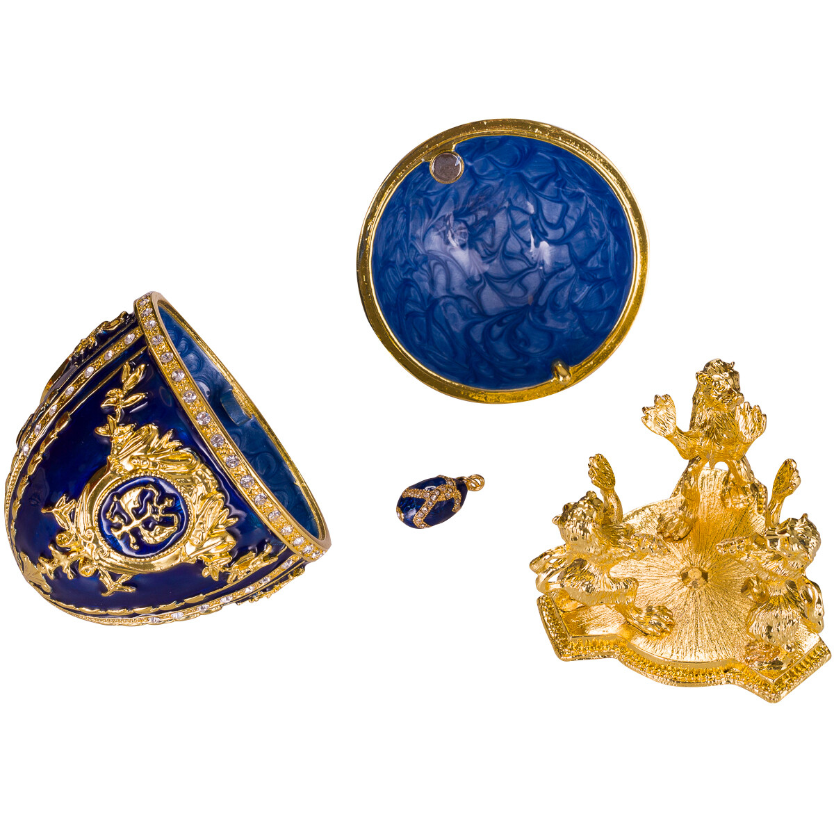 Russische Fabergé Ei Schmuckkästchen mit Kaiserkrone Anhänger 15,5 cm blau