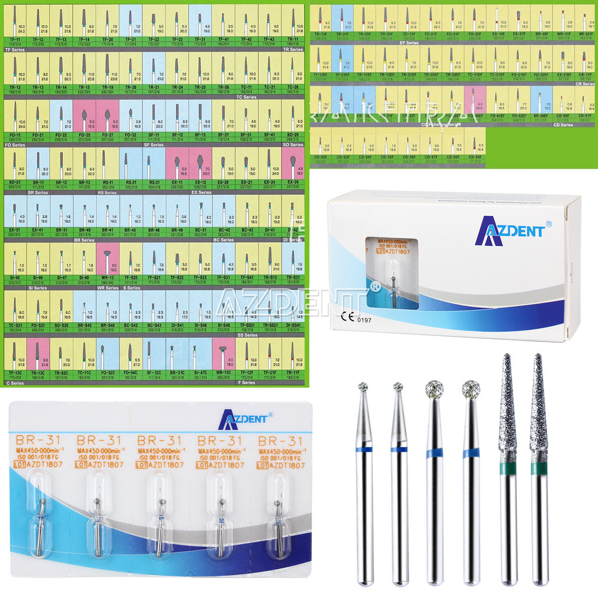 20Packs AZDENT Dental Diamond Burs For High Speed Handpiece Friction Grip 1.6mm