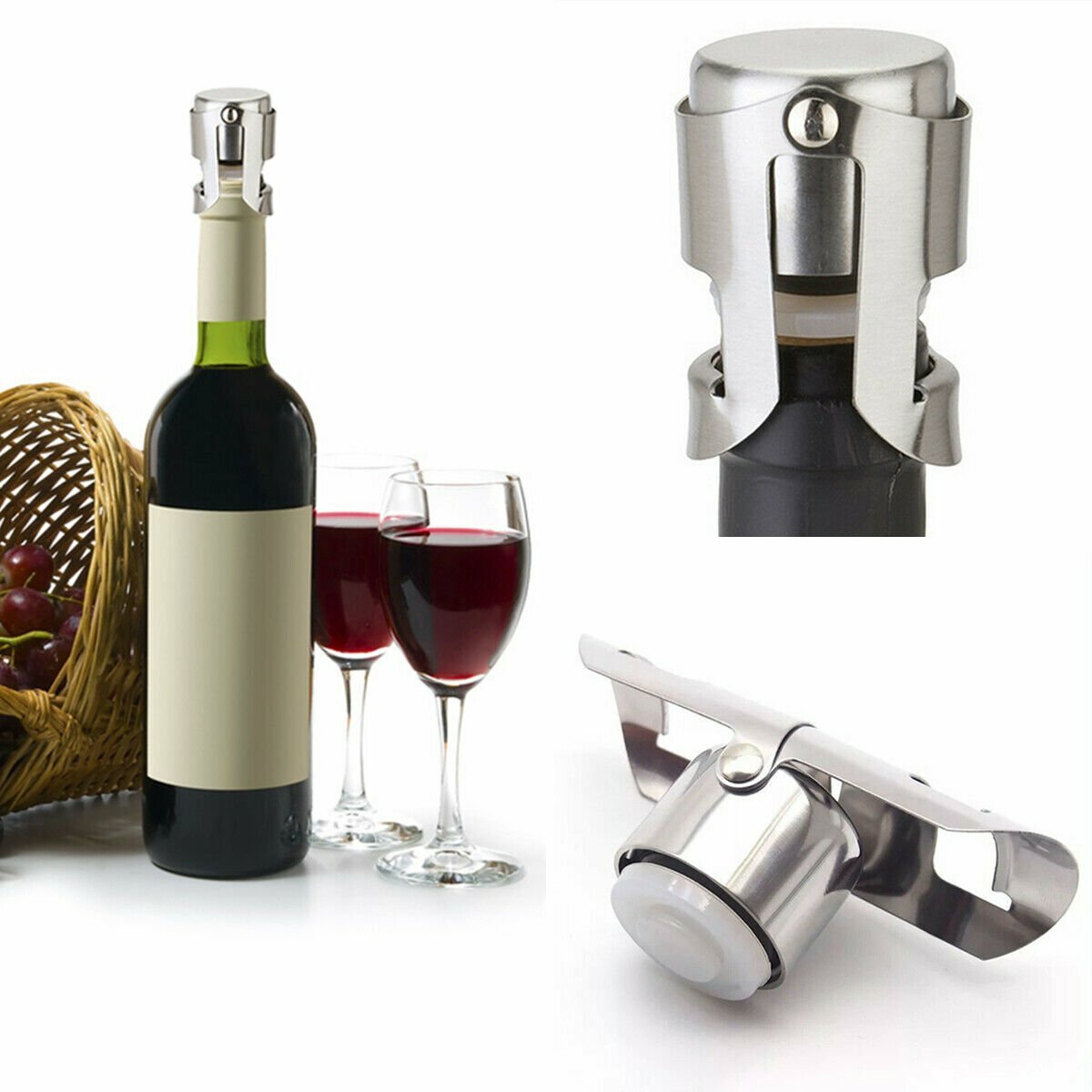 2Pcs Vacuum Sealed Champagne Wine Bottle Sealer Stopper Stainless Steel Reusable