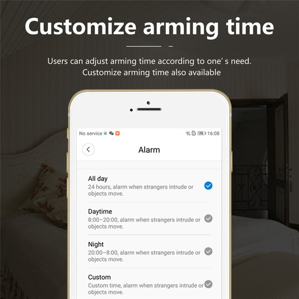 Smartphone showing customizable home security alarm app.