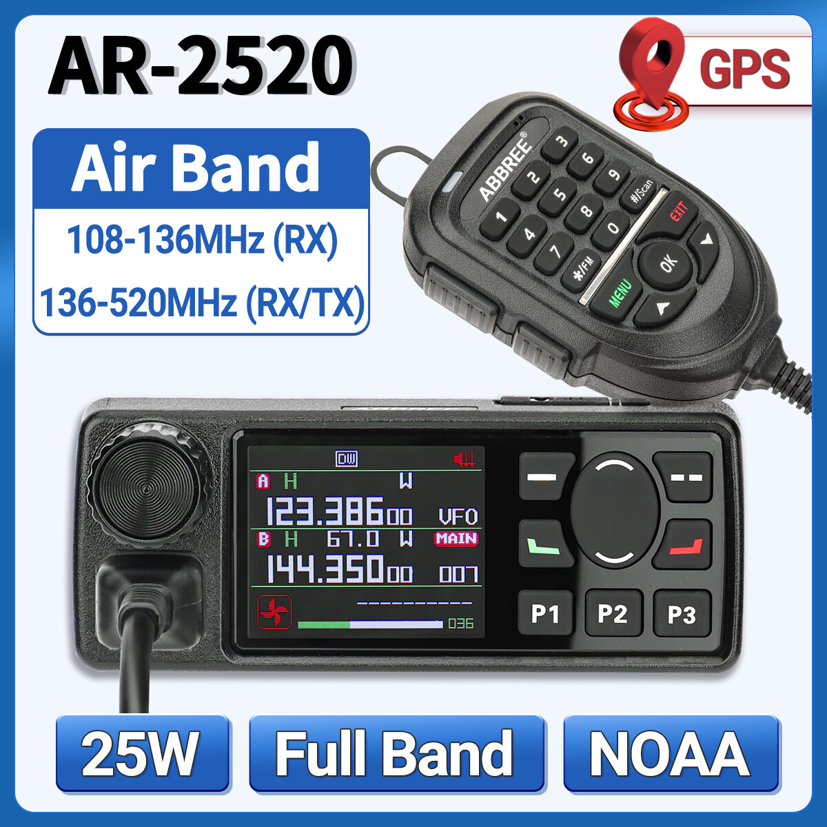 AR-2520 25W Mini Car Mobile Air Band Walkie Talkie AM High Power NOAA Ham Radio