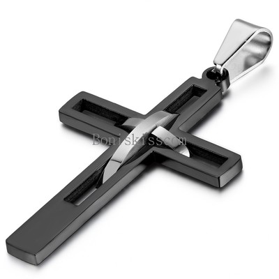 Men's Black Silver Double Hollow Cross Stainless Steel Pendant Necklace...