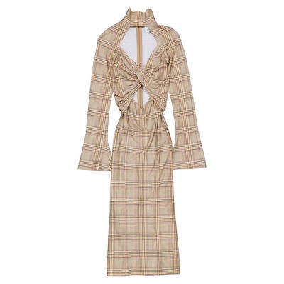 Pre-owned Burberry Ladies Dark Honey Cut-out Checked Midi Dress In Brown