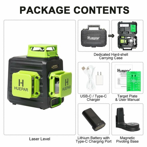 3D Cross Line Self leveling Laser Level Green Beam with Type-C Charging Port