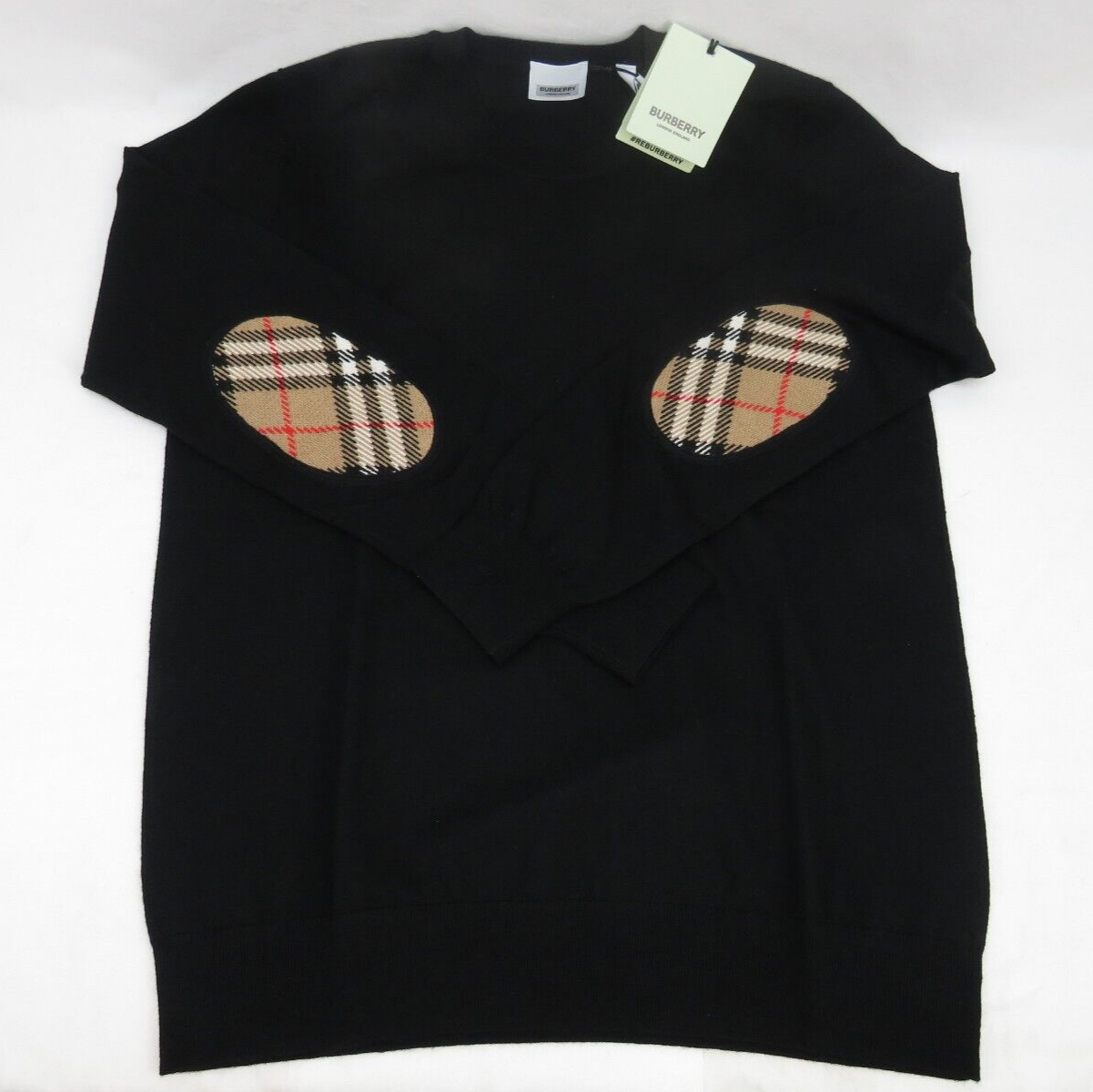 Pre-owned Burberry $830  Bempton Black Merino Wool Elbow Check Patches Pullover Sweater S