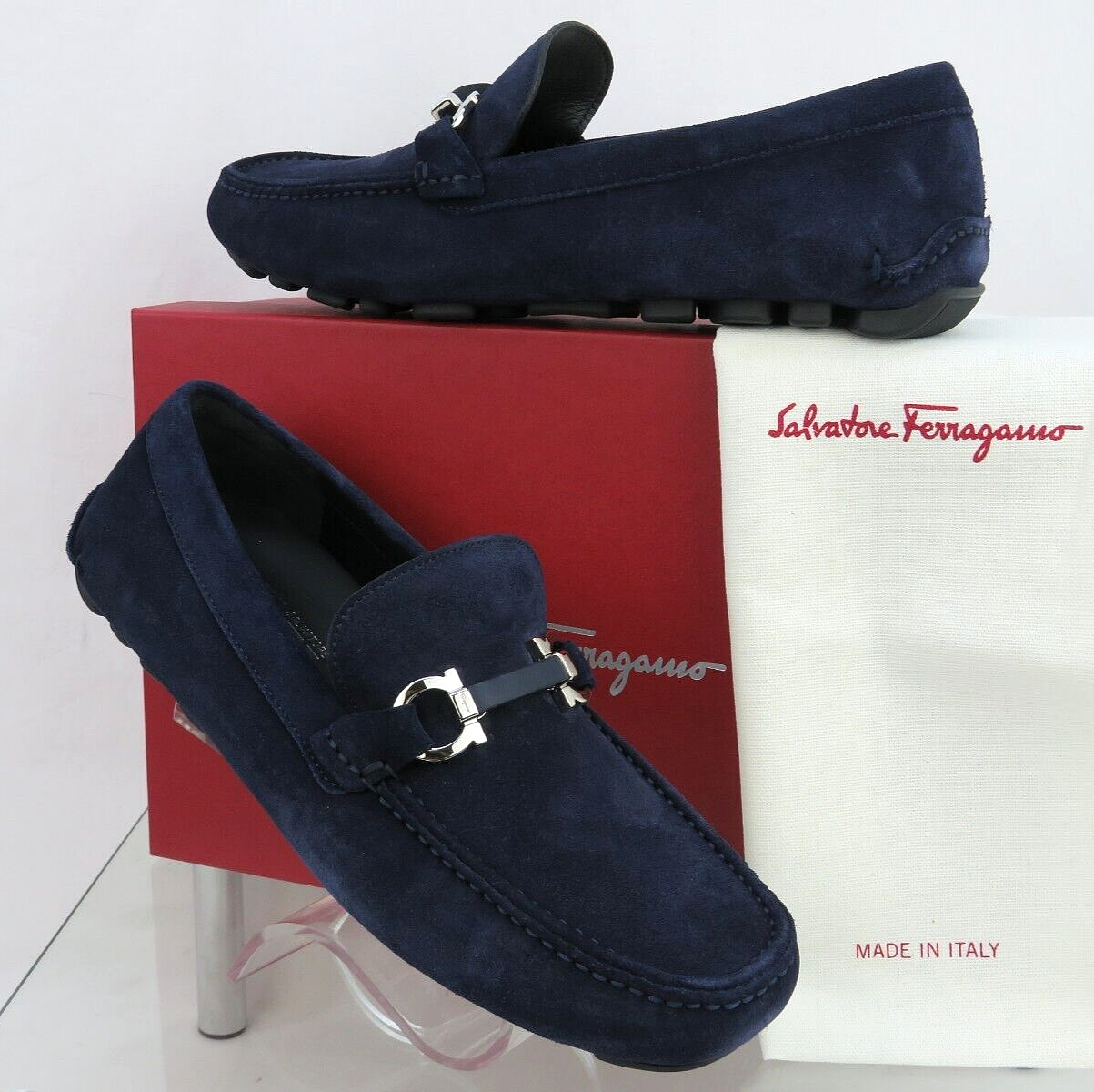 Pre-owned Ferragamo Salamanca Navy Suede Gancini Bit Moccasin Driving Loafers Us 9 Ee In Blue