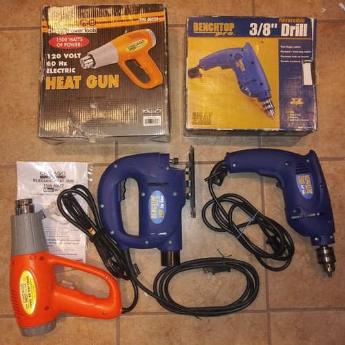 Lot of 3 Chicago Electric Dual Temp Heat Gun, Benchtop Jig Saw, & Benchtop Drill