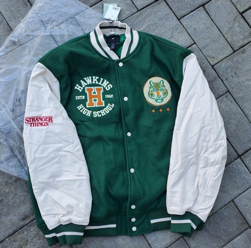 Pre-owned H&m 3xl Stranger Things X  Hawkins Stadium Varsity Bomber Jacket Green Rare