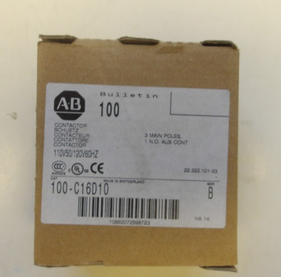 ALLEN-BRADLEY P/N: 100-C16D10 CONTACTOR 16AMP 3 POLE 110/120VAC 50/60Hz