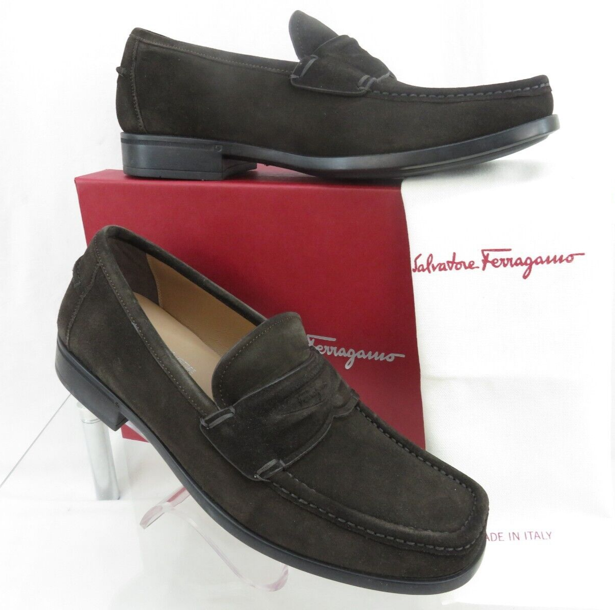 FERRAGAMO FERRAGAMO LANZAROTE HICKORY BROWN SUEDE MOCCASIN LOGO PENNY LOAFERS 10 D