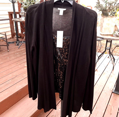 Women's SPRING+MERCER BLACK SEQUIN TANK CARDIGAN SWEATER TOP  SET NWT Lg