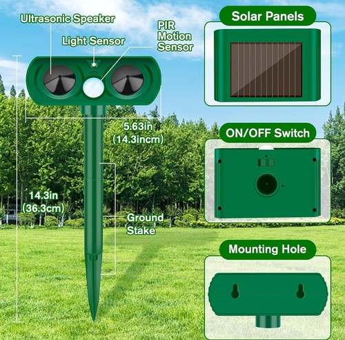 Solar Powered Ultrasonic Animal Repellent 110° Squirrel Repeller Outdoors Repell